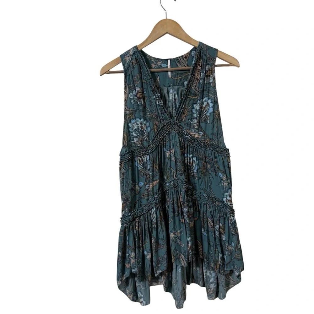 FREE PEOPLE Haze Hummingbird Sleeveless Tiered Hi Low Blue Tunic Top